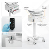 The Mount-It! MedHub Compact Mobile Workstation with Drawers features locking casters, lockable drawers with dividers, a keypad lock, scanner holder, and storage basket. Insets highlight keypad use, drawer contents, and scanner holder.