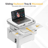 The Mount-It! MedHub Compact Mobile Workstation with Drawers features a top laptop surface, sliding keyboard tray, dual slide-out mousepads, and locking casters for stability and mobility. Arrows indicate the movement of the tray and mousepads.