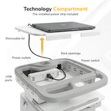 Instructional image of the Mount-It! MedHub Compact Mobile Workstation with Drawers, featuring a tech compartment with removable lid, keypad lock, power strip (outlets & USB), power switch, back openings, locking casters, and a laptop plugged inside.