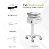 The Mount-It! MedHub Compact Mobile Workstation with Drawers features locking casters for stability, and is shown with optional accessories like a mini CPU mount, printer shelf, and wipes holder. Fully customizable with MedHub storage accessories.