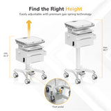 The Mount-It! MedHub Compact Mobile Workstation with Drawers features adjustable height from 32.3" to 46.1", a foot pedal at the base, and locking casters for stability. Arrows illustrate the height adjustment range.