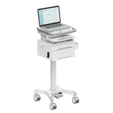The Mount-It! MedHub Compact Mobile Workstation with Drawers is a white cart with locking casters, modern design, pull-out shelf, storage drawer, and keypad lock—ideal for secure healthcare use and easy mobile documentation.
