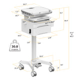 The MedHub Compact Mobile Workstation with Drawers by Mount-It! is a white, height-adjustable cart featuring four locking casters, a slide-out tray, a keypad-lock drawer, and dimensions—height, width, depth—marked in yellow lines. Capacity: 30.8 lb.