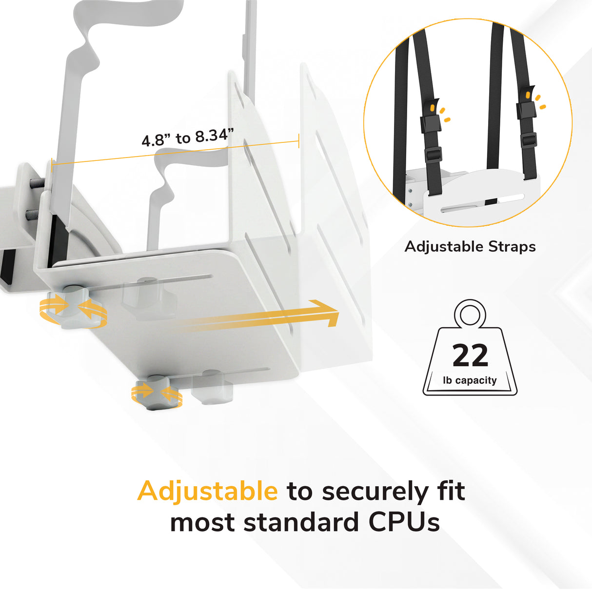 White diagram of the Mount-It! MedHub CPU Holder with adjustable straps, fits CPUs 4.8"–8.34" wide, supports up to 22 lbs, and features the text “Adjustable to securely fit most standard CPUs.”.