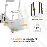 White diagram of the Mount-It! MedHub CPU Holder with adjustable straps, fits CPUs 4.8"–8.34" wide, supports up to 22 lbs, and features the text “Adjustable to securely fit most standard CPUs.”.