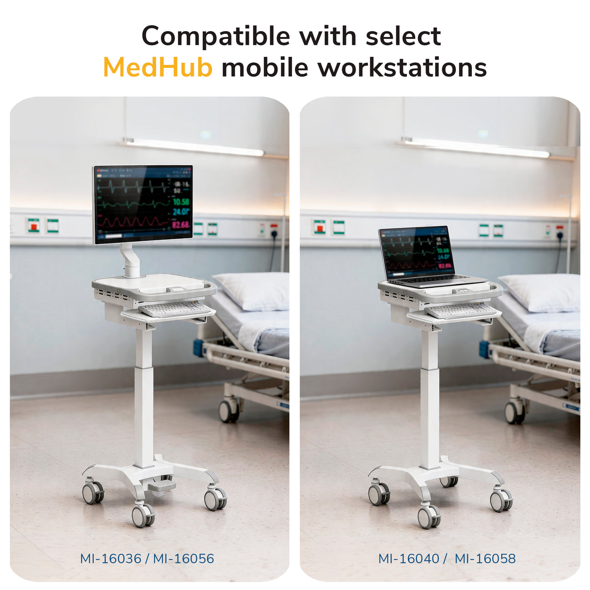 Two hospital rooms with beds and medical equipment, each featuring a Mount-It! MedHub CPU Holder Mobile Workstation. The displayed workstation models include MI-16036, MI-16056, MI-16040, and MI-16058.