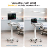 Two hospital rooms with beds and medical equipment, each featuring a Mount-It! MedHub CPU Holder Mobile Workstation. The displayed workstation models include MI-16036, MI-16056, MI-16040, and MI-16058.
