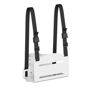 The Mount-It! MedHub CPU Holder is a white metal device with two black adjustable straps and buckles, featuring slotted openings for secure mounting of CPUs to a MedHub Mobile Workstation or wall.