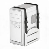 The Mount-It! MedHub CPU Holder, in white, features black adjustable straps and a stable base to prevent movement or tipping. Shown against a plain white background.