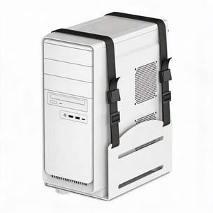 The Mount-It! MedHub CPU Holder, in white, features black adjustable straps and a stable base to prevent movement or tipping. Shown against a plain white background.