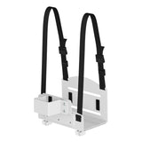 The Mount-It! MedHub CPU Holder is a white metal bracket with two black adjustable straps, support feet, and mounting holes—ideal for securing CPUs or similar objects to walls or surfaces.