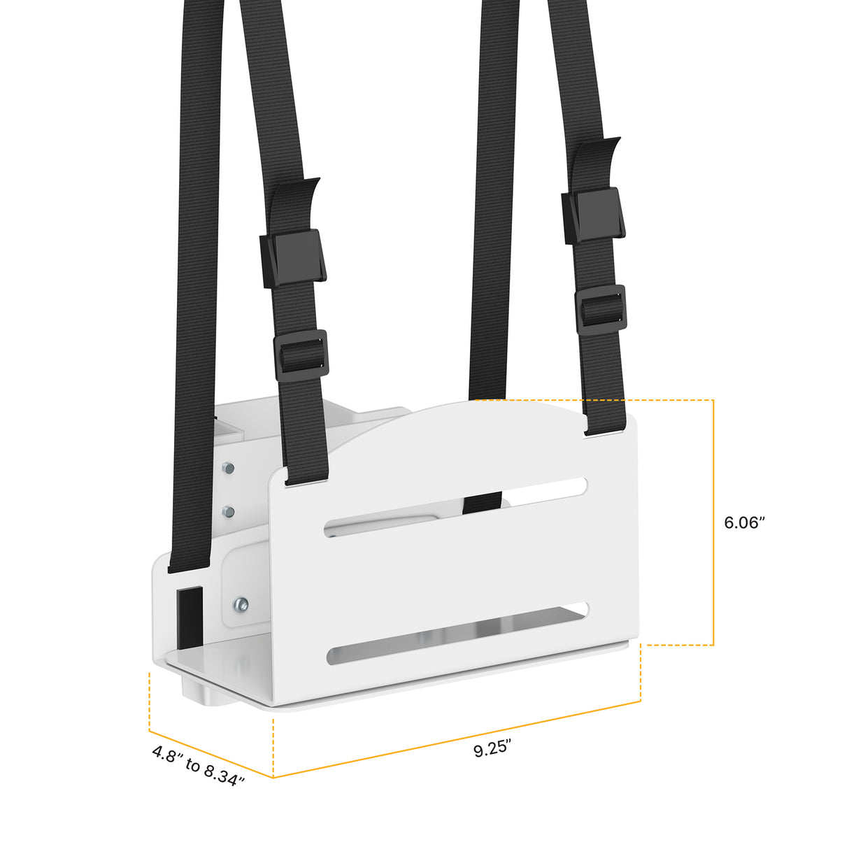The Mount-It! MedHub CPU Holder is a white adjustable hanging shelf with black adjustable straps, perfect for MedHub Mobile Workstations. It measures 9.25"W x 6.06"H, with a depth that adjusts from 4.8" to 8.34".