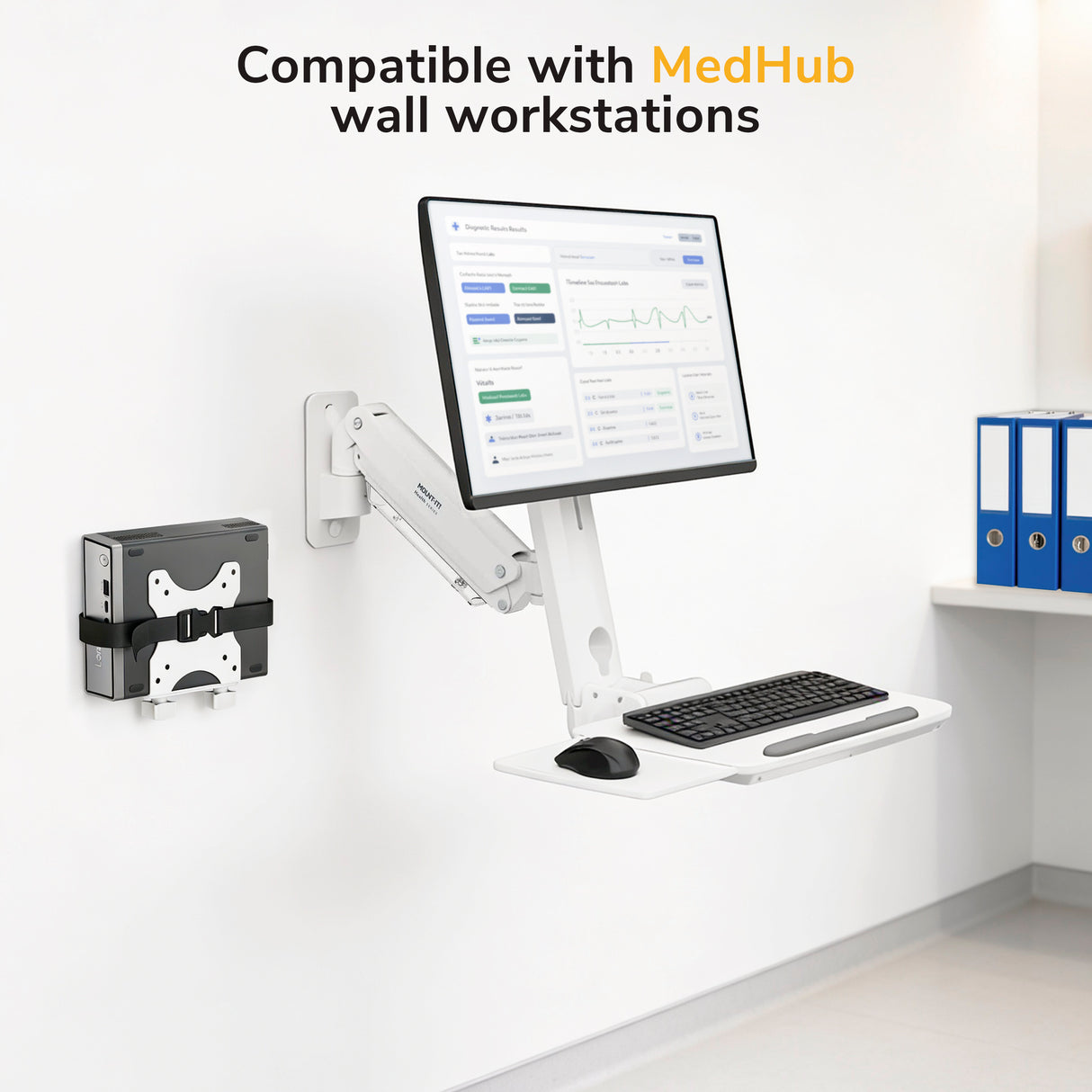 A computer monitor, keyboard, and mouse are on a white adjustable mount attached to a wall. The Mount-It! MedHub Mini CPU Holder is also wall-mounted nearby. Blue file folders rest on a shelf. Text reads, Compatible with MedHub wall workstations.