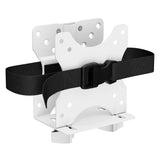 The Mount-It! MedHub Mini CPU Holder is a white metal, width-adjustable mount with multiple screw holes and a black strap with plastic buckle, designed to securely hold mini CPUs in place—ideal for MedHub workstations.
