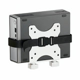 The Mount-It! MedHub Mini CPU Holder, featuring a width-adjustable mount and secure black strap with buckle, attaches a small rectangular computer to MedHub workstations, shown here against a plain white background.