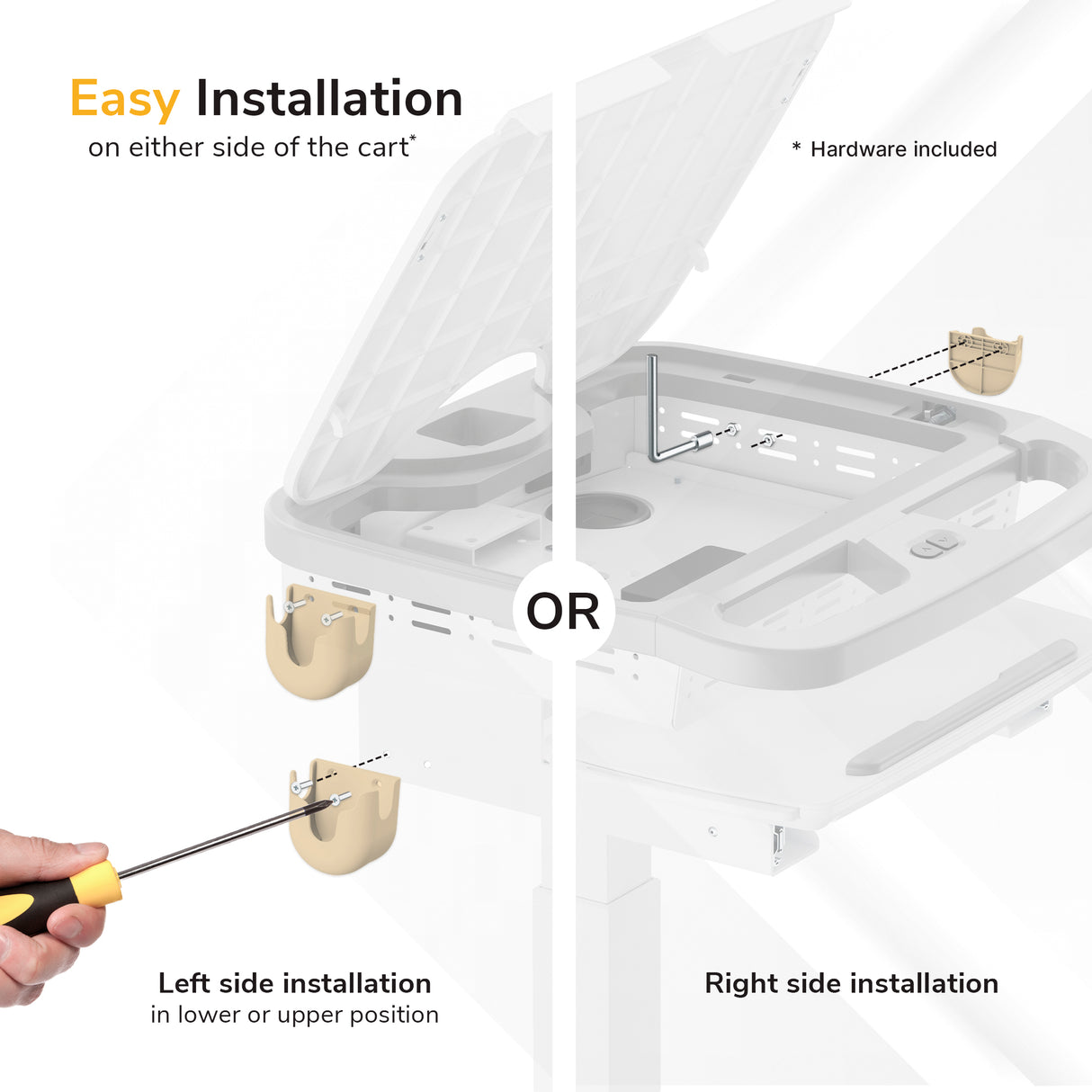 Illustration shows simple installation of the Mount-It! MedHub Scanner Holder on a mobile workstation or cart, with hardware included and labeled left/right side options for easy setup using a screwdriver.