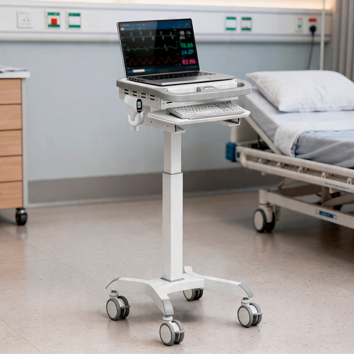 A Mount-It! MedHub Scanner Holder on a mobile cart with a laptop showing patient vitals sits by a hospital bed. It includes a keyboard tray, scanner installation space, and four wheels for easy movement.