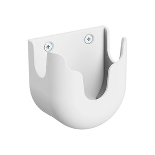 The Mount-It! MedHub Scanner Holder is a white wall-mounted bracket with two screws, featuring a U-shaped groove and curved surface—perfect for securing cylindrical devices in MedHub Mobile workstation setups.
