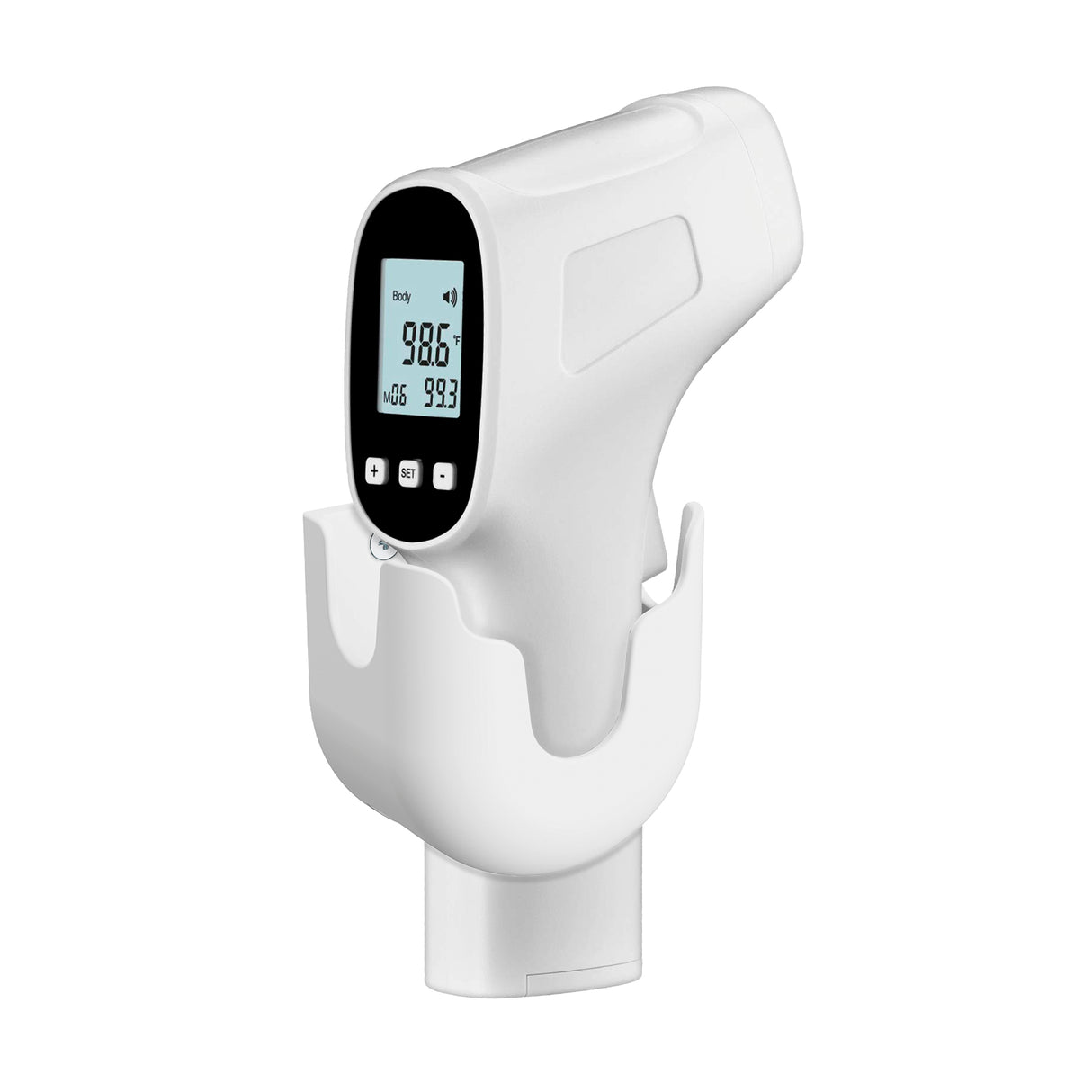 The Mount-It! MedHub Scanner Holder securely stores a white digital infrared thermometer with a 98.6°F display, making it ideal for quick access at MedHub Mobile workstations or integration on mobile carts.