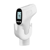 The Mount-It! MedHub Scanner Holder securely stores a white digital infrared thermometer with a 98.6°F display, making it ideal for quick access at MedHub Mobile workstations or integration on mobile carts.