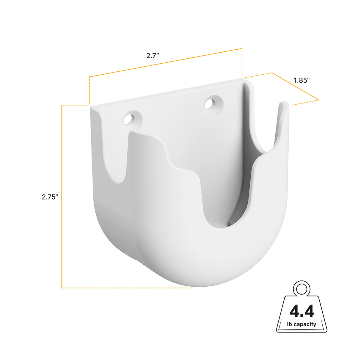The Mount-It! MedHub Scanner Holder is a white wall-mounted hook with rounded edges, measuring 2.7"W x 2.75"H x 1.85"D, featuring two mounting holes and supporting up to 4.4 lbs—ideal for scanners or mobile carts.