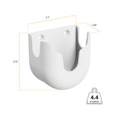 The Mount-It! MedHub Scanner Holder is a white wall-mounted hook with rounded edges, measuring 2.7"W x 2.75"H x 1.85"D, featuring two mounting holes and supporting up to 4.4 lbs—ideal for scanners or mobile carts.