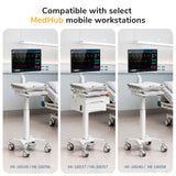 The MedHub Sanitizer Wipes Holder by Mount-It! is shown in a hospital room, attached to mobile workstations. Each holder offers convenient sanitizer access and highlights compatibility with various medical carts.