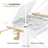 Instructional diagram showing the Mount-It! MedHub Sanitizer Wipes Holder and rail installed on either side of a cart, with a screwdriver adjusting the rail. Text: Easy installation for added storage space on your mobile cart.