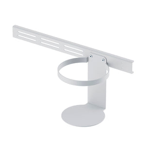 The Mount-It! MedHub Sanitizer Wipes Holder is a white metal ring with a slotted bar for wall or rail mounting, perfect for adding storage to your Medhub mobile workstation or cart and securely holding cylindrical sanitizer wipe containers.