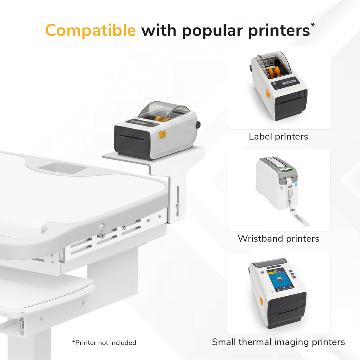 The Mount-It! MedHub Printer Holder secures a small printer alongside images of label, wristband, and thermal printers. Text: “Compatible with popular printers*.” Printer not included.