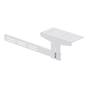 The Mount-It! MedHub Printer Holder is a white metal, wall-mounted shelf bracket with a slotted arm and perforated surface, designed for adjustable installation as a printer shelf or for MedHub mobile workstations.