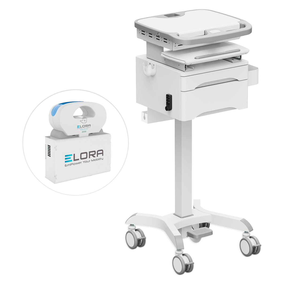 MedHub Mobile Workstation with Drawers, Powered