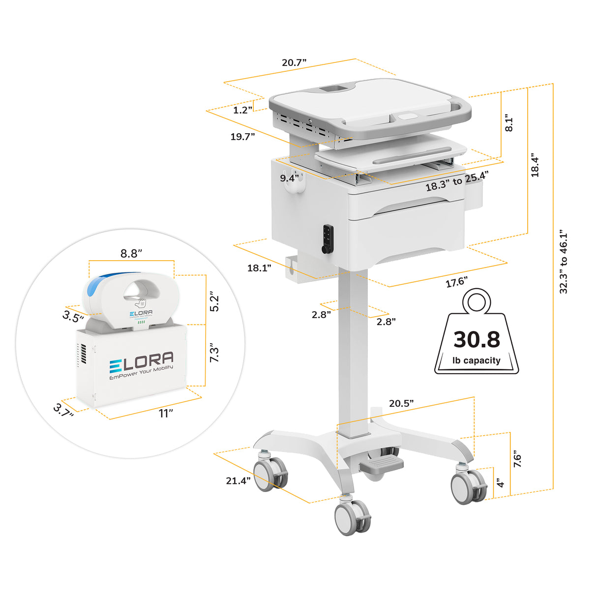 MedHub Mobile Workstation with Drawers, Powered