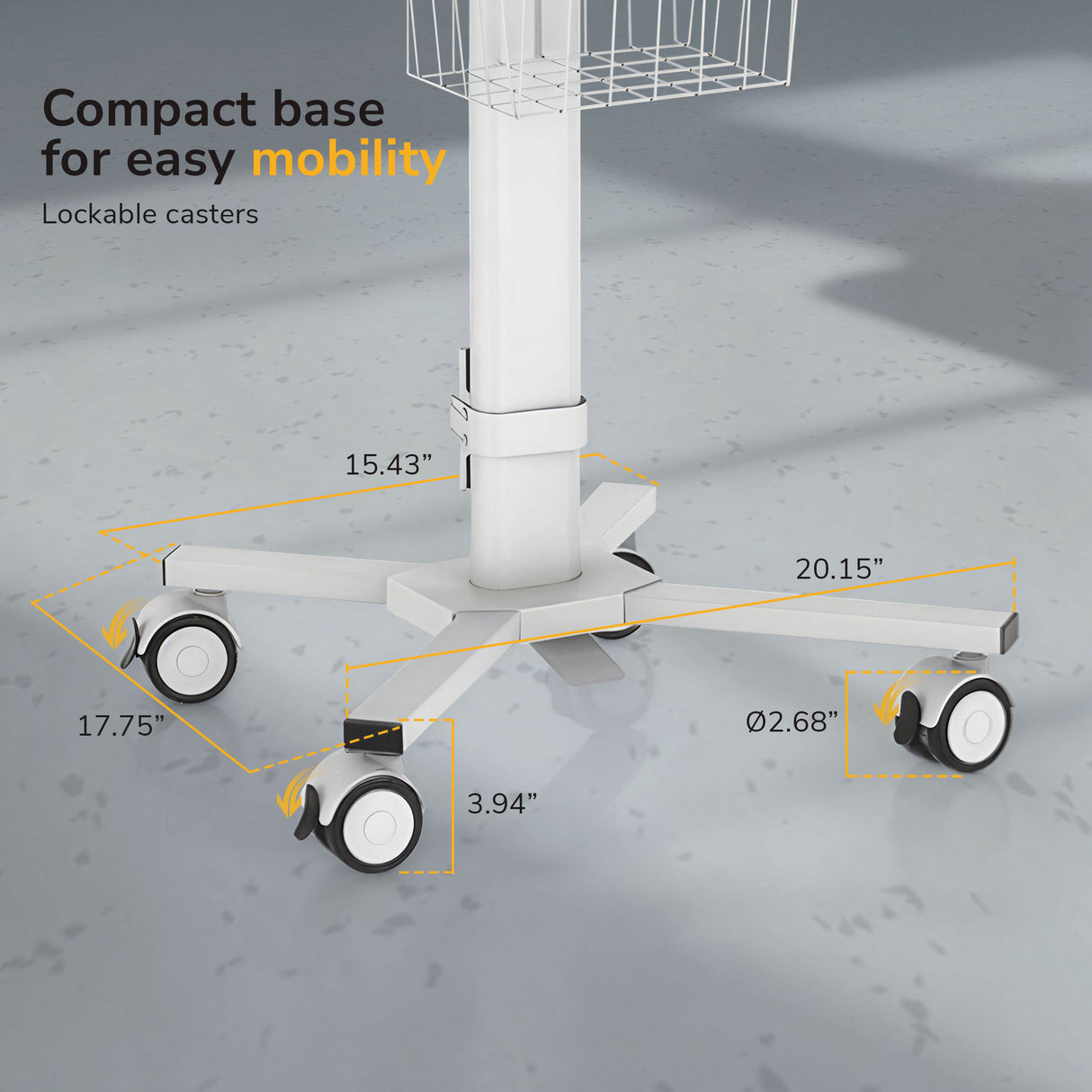 The Mount-It! MedHub Mobile Cart with Tablet Mount features a compact white wheeled base with marked dimensions for width, length, and wheel size. Lockable casters ensure easy mobility—perfect for an adjustable height medical cart.