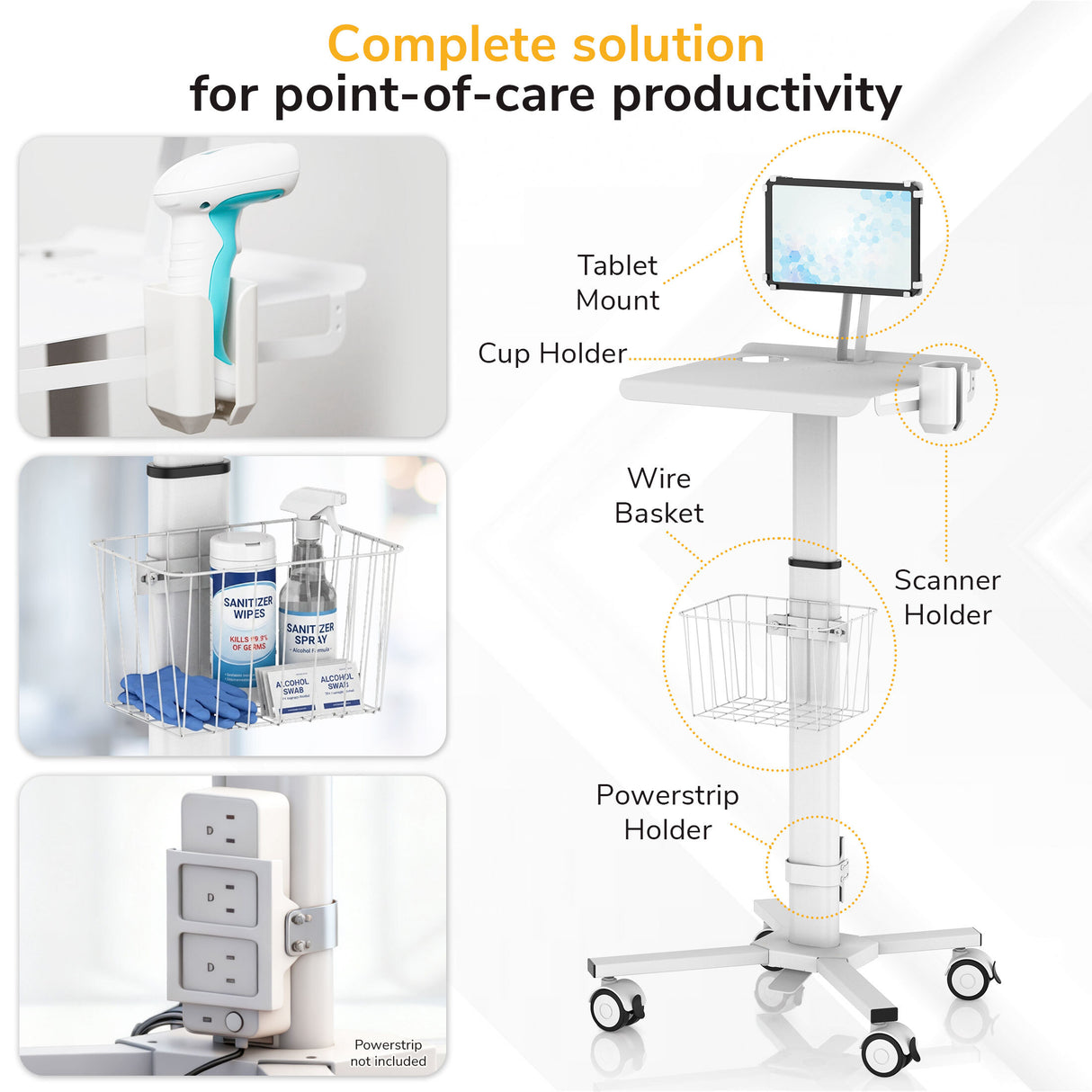 The Mount-It! MedHub Mobile Cart with Tablet Mount features a screen mount, scanner holder, sanitizer wire basket, powerstrip holder, and cup holder. This height-adjustable workstation is on wheels for easy mobility.