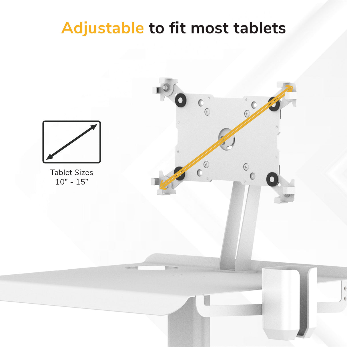 The Mount-It! MedHub Mobile Cart with Tablet Mount is shown, featuring adjustable arms to fit most tablets sized 10–15", ideal for ergonomic medical use. Text reads: Adjustable to fit most tablets.
