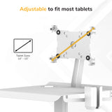 The Mount-It! MedHub Mobile Cart with Tablet Mount is shown, featuring adjustable arms to fit most tablets sized 10–15", ideal for ergonomic medical use. Text reads: Adjustable to fit most tablets.