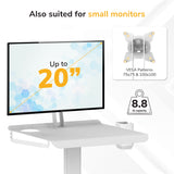 The Mount-It! MedHub Mobile Cart with Tablet Mount supports screens up to 20", fits VESA 75x75/100x100, and holds up to 8.8 lbs—ideal for small monitors in healthcare workstations.