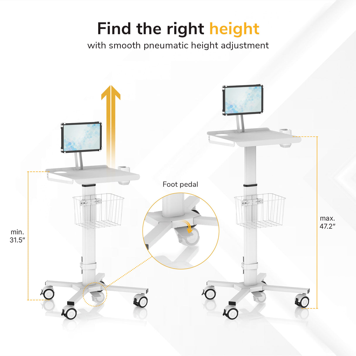The Mount-It! MedHub Mobile Cart with Tablet Mount features an adjustable height (31.5–47.2”), wire basket, and foot pedal for easy use—arrows show upward movement, making it an ideal ergonomic medical cart for healthcare workstations.