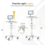The Mount-It! MedHub Mobile Cart with Tablet Mount features an adjustable height (31.5–47.2”), wire basket, and foot pedal for easy use—arrows show upward movement, making it an ideal ergonomic medical cart for healthcare workstations.