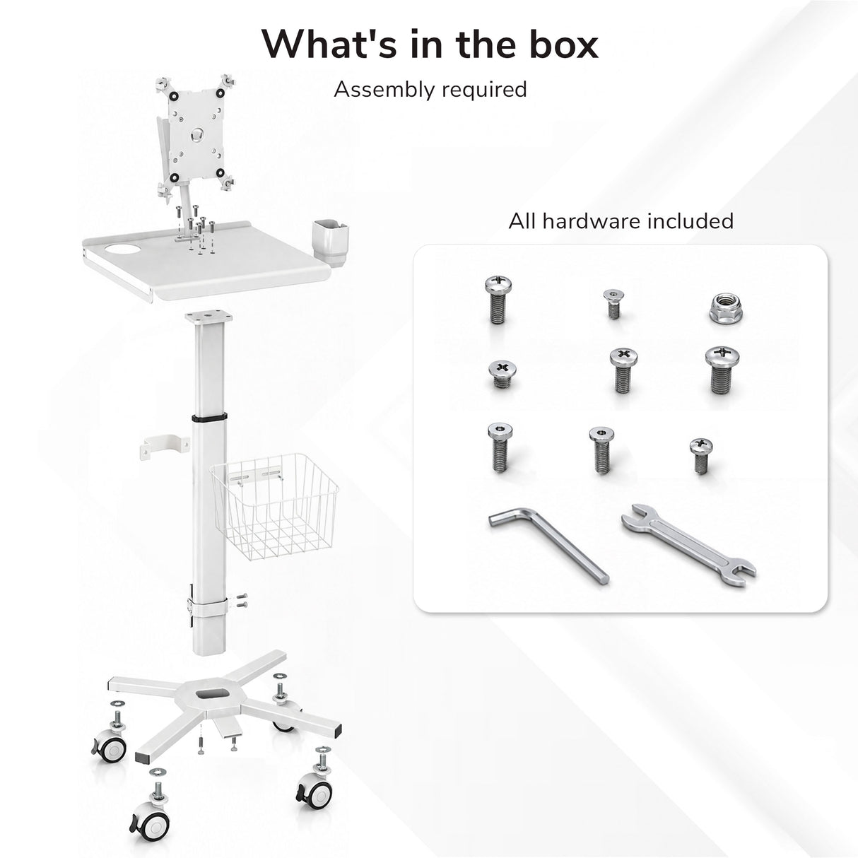The Mount-It! MedHub Mobile Cart with Tablet Mount features an adjustable height, basket, wheels, and mounting bracket. Box includes assembly tools and hardware (screws, Allen wrench, spanner). "What’s in the box." Assembly required.