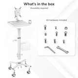 The Mount-It! MedHub Mobile Cart with Tablet Mount features an adjustable height, basket, wheels, and mounting bracket. Box includes assembly tools and hardware (screws, Allen wrench, spanner). "What’s in the box." Assembly required.