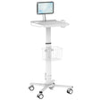 The Mount-It! MedHub Mobile Cart with Tablet Mount features a white ergonomic design, small desktop, wire basket, and cup holder on four caster wheels—perfect as a versatile healthcare workstation.