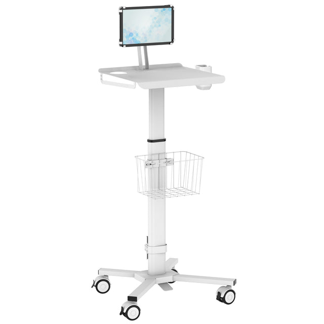 The Mount-It! MedHub Mobile Cart with Tablet Mount features a white ergonomic design, small desktop, wire basket, and cup holder on four caster wheels—perfect as a versatile healthcare workstation.