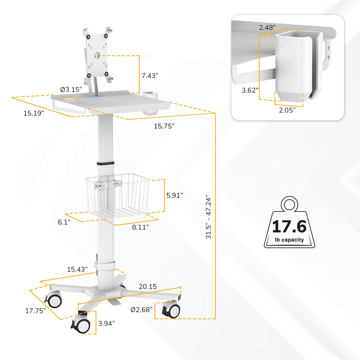 The Mount-It! MedHub Mobile Cart with Tablet Mount features adjustable height (31.5–47.24"), flat top, side basket, four wheels, and device mount. Supports up to 17.6 lb—ideal as a healthcare workstation. Clamp details and key dimensions labeled in close-ups.