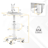 The Mount-It! MedHub Mobile Cart with Tablet Mount features adjustable height (31.5–47.24"), flat top, side basket, four wheels, and device mount. Supports up to 17.6 lb—ideal as a healthcare workstation. Clamp details and key dimensions labeled in close-ups.