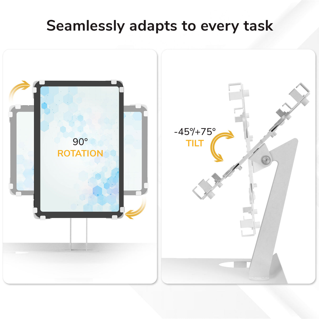 The Mount-It! MedHub Mobile Cart with Tablet Mount offers 90° rotation for portrait or landscape viewing and a -45° to +75° tilt, making it highly adjustable—perfect for ergonomic use in any healthcare workstation or medical cart setup.