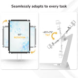 The Mount-It! MedHub Mobile Cart with Tablet Mount offers 90° rotation for portrait or landscape viewing and a -45° to +75° tilt, making it highly adjustable—perfect for ergonomic use in any healthcare workstation or medical cart setup.
