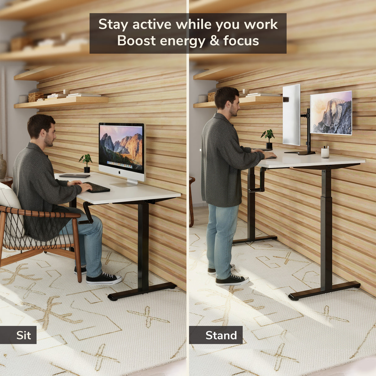 Hand Crank Standing Desk Frame with 48" Tabletop
