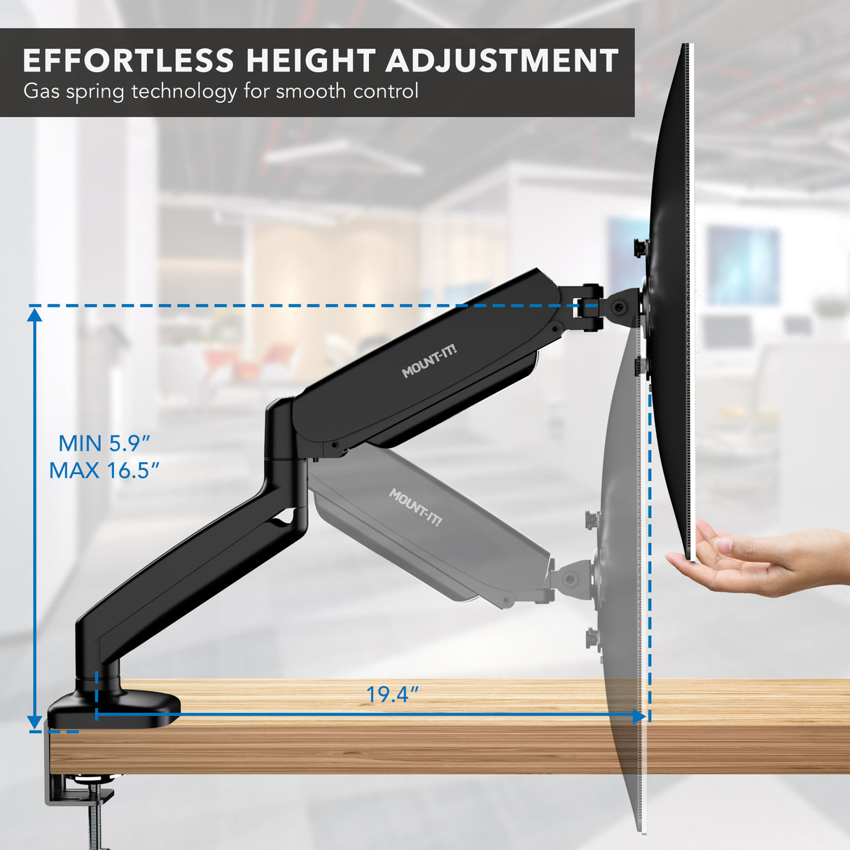 A Mount-It! Single Monitor Desk Mount with Gas Spring Arm is attached to a desk. The arm extends up to 19.4 inches and adjusts monitor height from 5.9 to 16.5 inches, allowing for effortless and comfortable viewing adjustments.